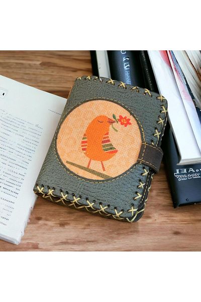 Şaşıkedi Vegan Leather Authentic Handcrafted Design Hand Wallet Gift Bird Patterned Medium Size
