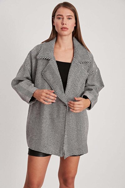 dükkan10butika Dámský oversize kapesní kašmírový kabát se vzorem Houndstooth Černá bílá