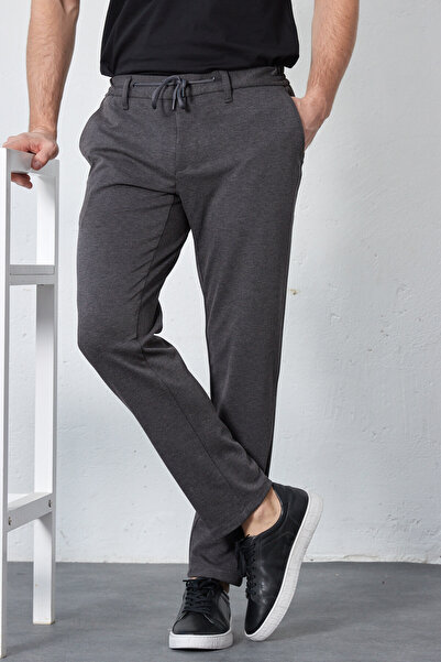RAVANELLI Men's Gray Elastic Waist Lace-up Knitted Lycra Flexible Modern Slim Fit Jogger Pants