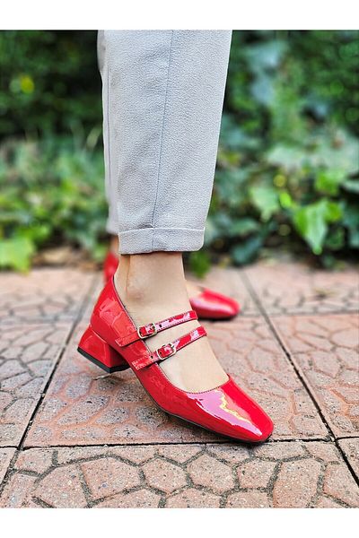 EPTC Red 2-Stripes Closed Back Mary Jane Square Blunt Toe Heeled Shoes ScallopedShoes 1NO LARGE
