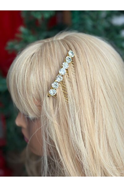 QUEEN AKSESUAR Imported luxury single metal crystal round large stone row comb side buckle gold gold