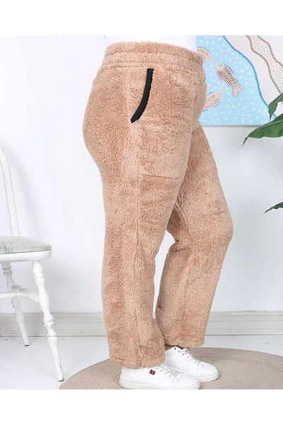 BİrHoşButik Plus Size Winter Plush Fleece Sweatpants with Soft Pockets - Zip-Free Ribs