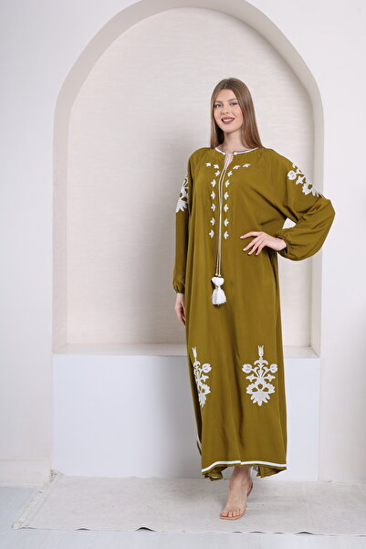 mervemoda Γυναικείο υφαντό φόρεμα βισκόζης Fat Green plus size