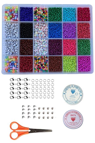 Hobimos Sand Letter Figure Bead Set in a Jewelry Box of 24 Bits Parrot Knot Closing Ring Scissors Set
