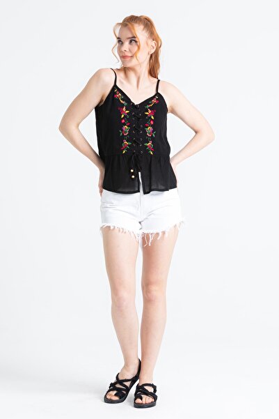Eliş Şile Bezi Strappy Sile Cloth Bihter Embroidered Blouse Black Black