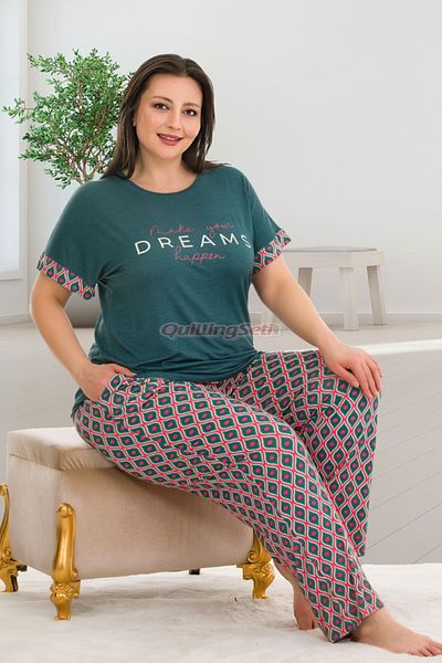 quilling Dark Green Color and Patterned Lady 10932 Short Sleeve Women's Plus Size Pajamas Set