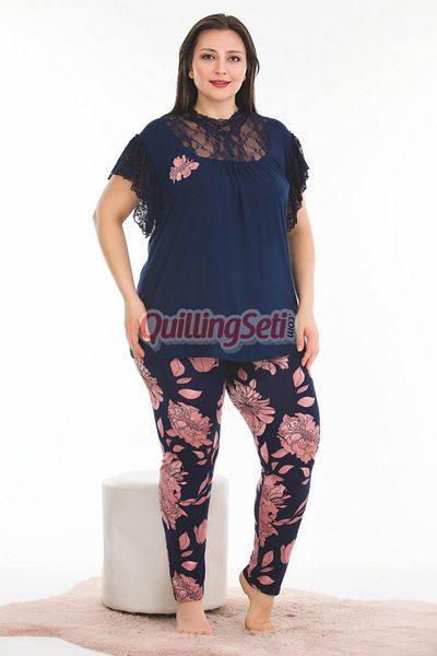 quilling Navy Color Floral Pattern Lady 10924 Short Sleeve Women's Plus Size Pajamas Set