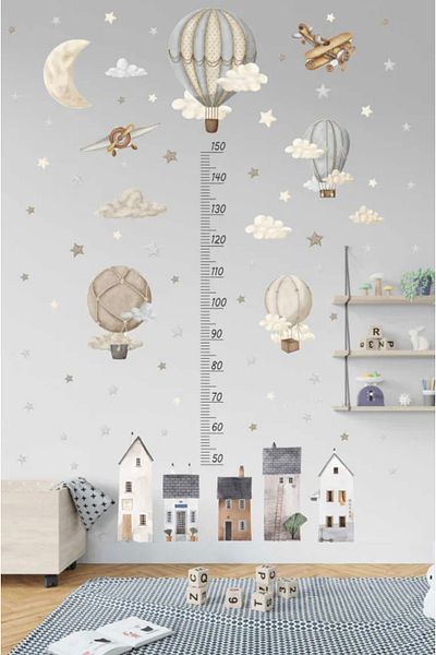Sim Tasarım Retro Balloons And Houses Height Ruler Height Meter Kids Room Wall Sticker Set