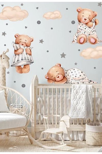 Sim Tasarım Set of 3 Sleeping Teddy Bears Clouds and Stars Children's Baby Room Sticker