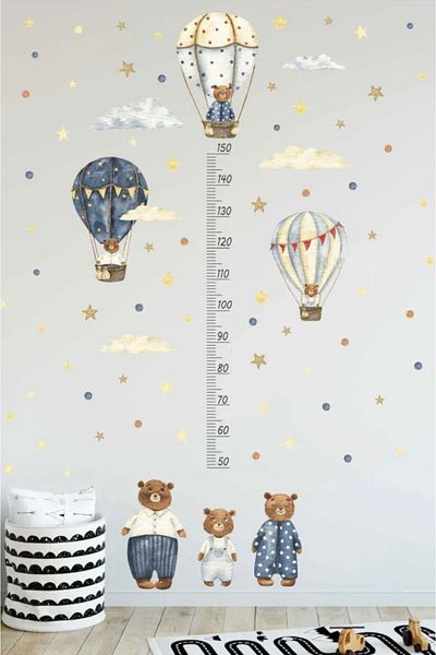 Sim Tasarım Height Gauge Teddy Bear Flying Balloons Height Ruler Kids Room Wall Sticker Set