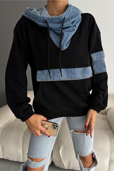FEMELLE Hanorac cu glugă cu garnitură din denim