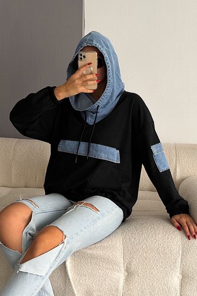 FEMELLE Hanorac cu glugă cu garnitură din denim