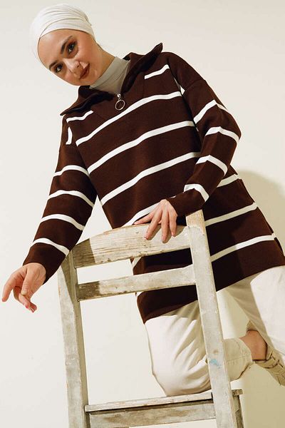 benguen 2026 Collar Zippered Striped Knitwear Tunic Brown