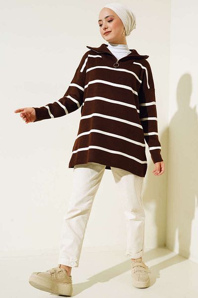 benguen 2026 Collar Zippered Striped Knitwear Tunic Brown