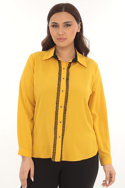 Selent Women's Black Guipure Detailed Buttoned Long Sleeve Large Size Shirt