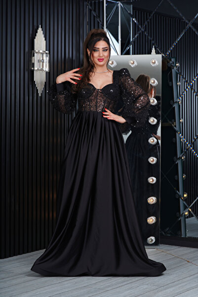 Matik Abiyem İncili Tül Payet Saten Tasarım Göğüs Dekolteli Uzun Elbise Abiye