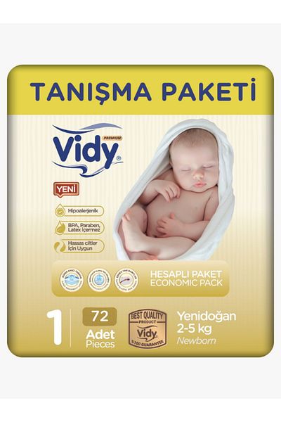 Vidy Size 1 Baby Diapers Newborn Premium 72 Pieces Economic Package / 2-5 Kg / Leak Proof Absorbent Hypoallergenic