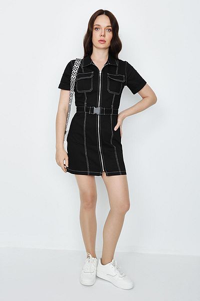 Select Moda Women's Contrast Stitching Belted Denim Dress