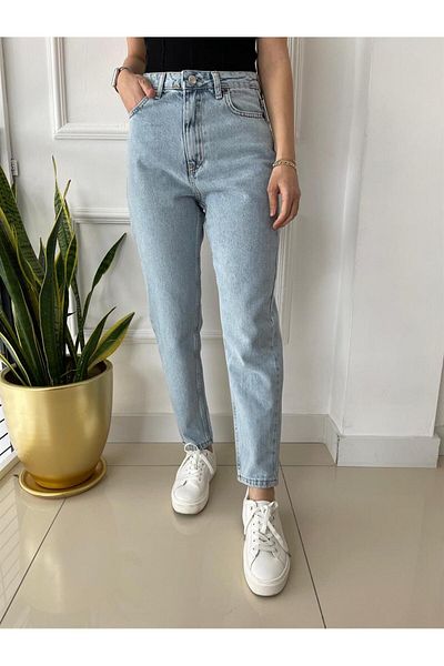 MAKRAS EXCLUSIVE Isabella Lamina Blue Snow Wash Taie înaltă Mom Jeans Boyfriend (Cumpărați cu o mărime mai mare)