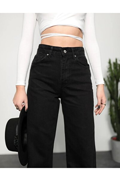 MAKRAS EXCLUSIVE Isabella Zero Max Delpotro Lycra Women's Black Super High Waist Loose Leg Denim Jeans Loose Pants