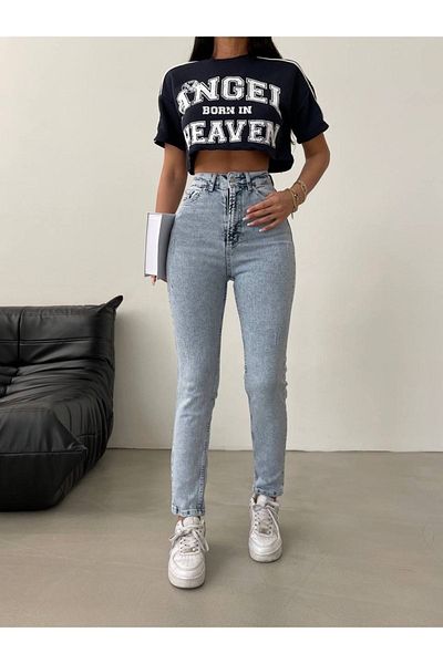 MAKRAS EXCLUSIVE Isabella Zero Max blugi flexibili Lycra cu talie înaltă, albastru, spălat cu zăpadă (cumpărați cu o mărime mai mare)
