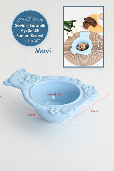 Anadolu Saray Blue Bear Shaped Handmade Ceramic Serving Bowl and Plate Serving Presentation Catering - 1 Pc