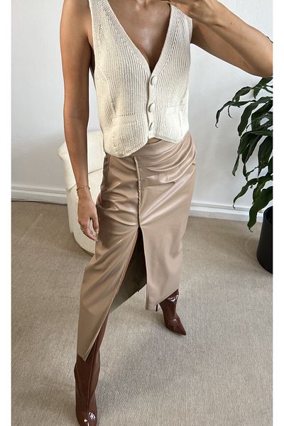 minaaise Stone Pleated Slit Detailed Leather Long Skirt 24172