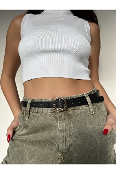 coaksco Γυναικεία μαύρη στρογγυλή χρυσή ζώνη με πόρπη