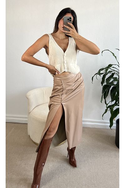 minaaise Stone Pleated Slit Detailed Leather Long Skirt 24172