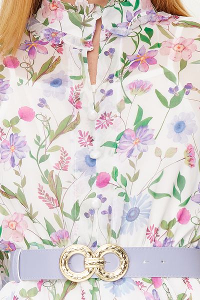 Trendyol Modest Blaues, mit Gürtel gefüttertes, gewebtes Kleid aus Chiffon mit Blumenmuster TCTSS24EB00024