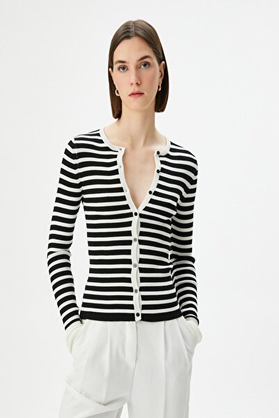 Koton Μαύρη ριγέ γυναικεία ζακέτα 4WAK90160HT