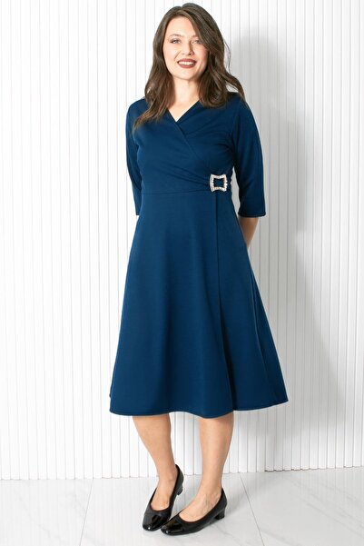 SUBU TASARIM Navy Blue Evening Dress with Brooch Detail, Fhm912