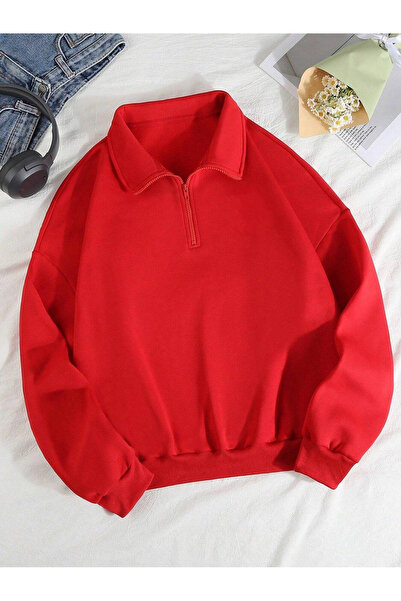 trendgar kırmızı dik yaka yarım fermwarlı duz kazak