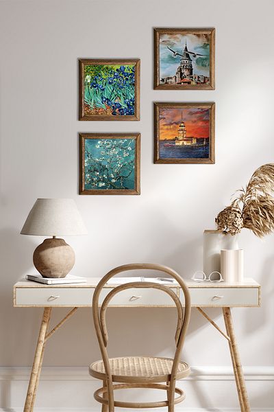 Pinecone Istanbul Galata Tower, Maiden's Tower, Van Gogh Irises, Almond Tree Stone Painting Framed Wall Decor