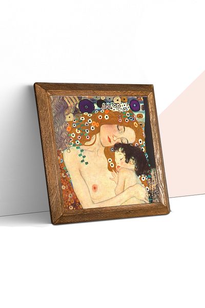 Pinecone Gustav Klimt Mother Child Stone Wall Painting with Wooden Frame Wall Decor Wall Art 25X25Cm
