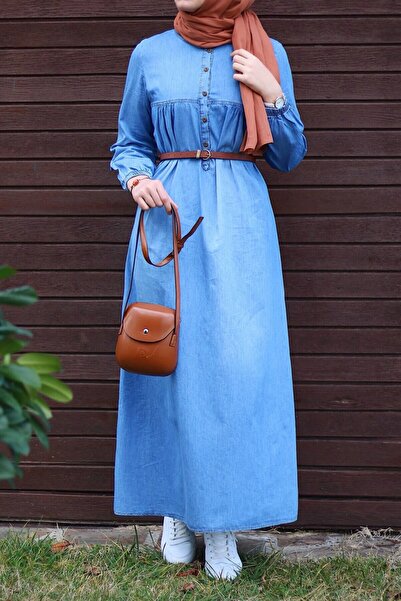 InStyle Kadın Mavi Robalı Patlı Kot Elbise