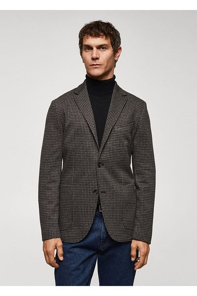 MANGO Man Slim Fit Micro Houndstooth Patterned Blazer Jacket