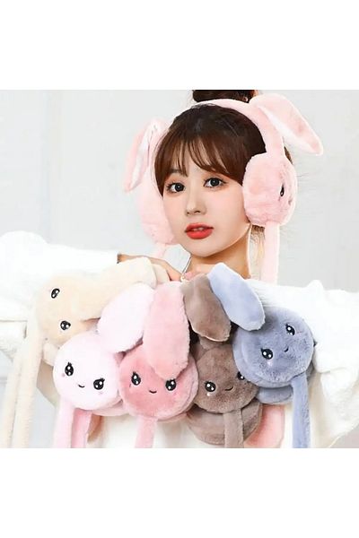 Tarz Çocuk White Plush Rabbit - Children's Ear Warmer Protector with Movable Play Ears
