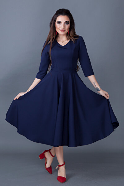 NO48 Φόρεμα μίντι με φουσκωτό ύφασμα με υφαντό ύφασμα με τσέπες με λαιμόκοψη σε μπλε ναυτικό