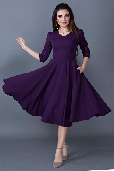 NO48 Φόρεμα μίντι μήκους με υφαντό ύφασμα με τσέπες με λαιμόκοψη τριών τετάρτων από δαμάσκηνο