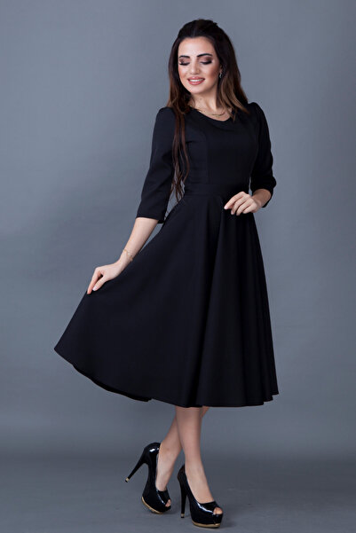 NO48 Μαύρο μανίκι τριών τετάρτων με τσέπες με λαιμόκοψη με υφαντό ύφασμα με φουσκωτό μίντι φόρεμα