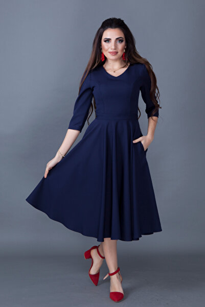 NO48 Φόρεμα μίντι με φουσκωτό ύφασμα με υφαντό ύφασμα με τσέπες με λαιμόκοψη σε μπλε ναυτικό