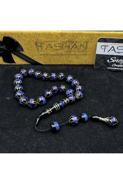 TAŞHAN Gümüş Ve Kehribar İşlemeli 17 li Erzurum Oltu Taşı Efe Stres Tesbihi