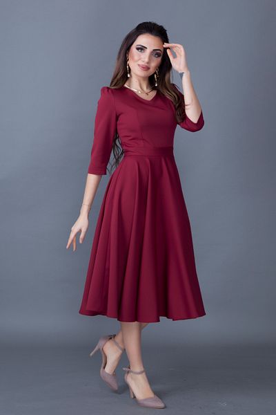 NO48 Claret Red Three-Quarter Sleeve V-Neck Pocket Woven Draped Fabric Flared Midi Dress