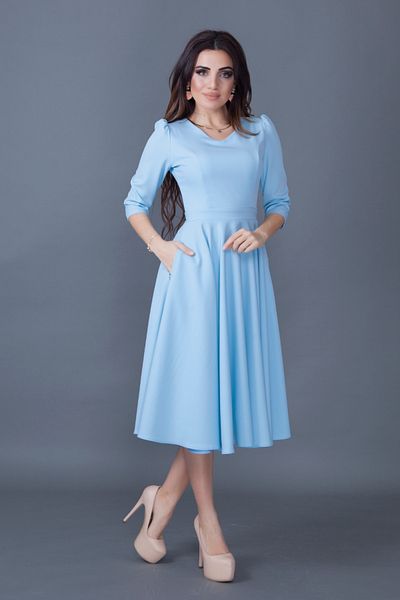 NO48 Baby Blue Three-Quarter Sleeve V-Neck Pocket Woven Draped Fabric Flared Midi Dress