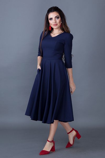 NO48 Navy Blue Three-Quarter Sleeve V-Neck Pocket Woven Draped Fabric Flared Midi Dress