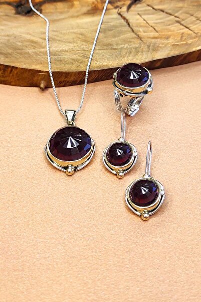 Aykat Kadın Ametist Taşlı Gümüş Set Kolye Küpe Ayarlanabilir Yüzük AKS-2004