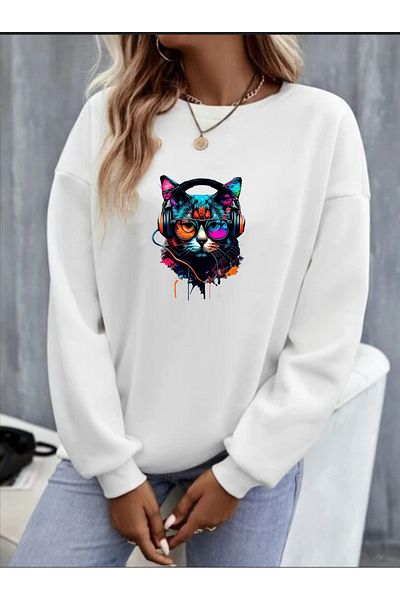 Pisa Art PİSA ART Hanorac oversize unisex WHITE CAT LOOKED cu gâtul turnat PİSA ART