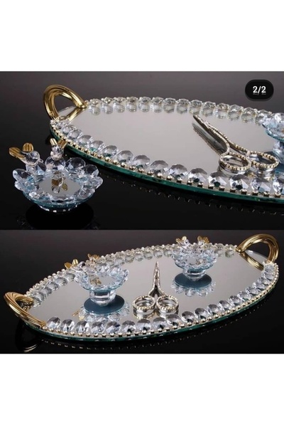 HİLALKRİSTAL KRİSTAL TAŞLI GOLD KAPLAMA AYNALI NİŞAN TEPSİ SETİ