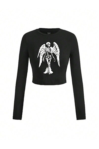 Bengi Clothing Μαύρη μπλούζα με στάμπα με λαιμόκοψη - μακρυμάνικο, Y2K με ραβ...